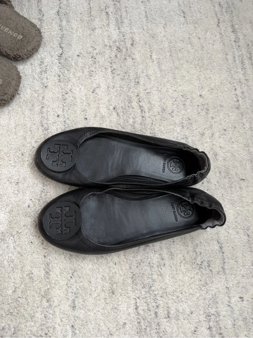 Tory Burch Minnie Black Leather Logo Ballet Flats